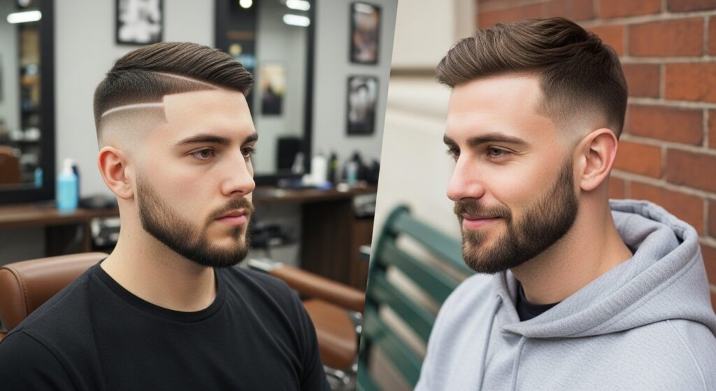 Comparison of line up vs shape up haircut.