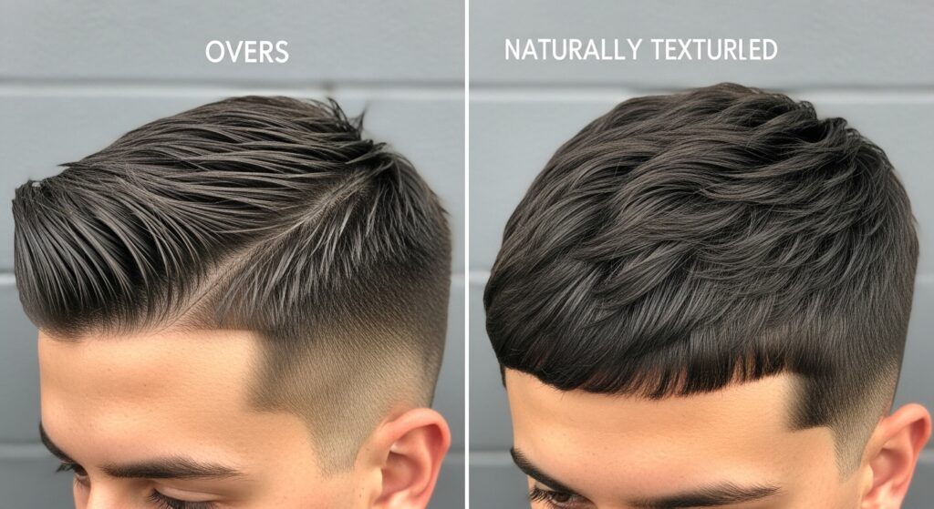 Image idea: Split-screen showing over-styled vs naturally textured crop.
Alt text: "Comparison of textured crop styled with too much product vs natural look."