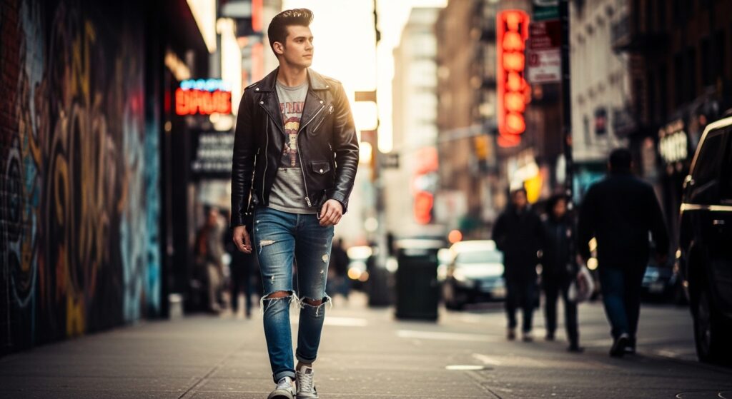 Modern street style with 70s hairstyle influence”)