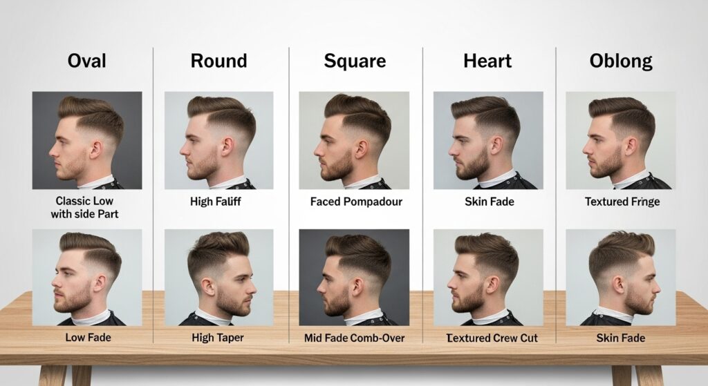 Chart showing best fade haircuts for men’s face shapes