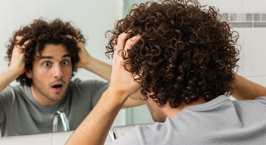 Man examining his newly permed curly hair in the mirror with a surprised look on his face"
