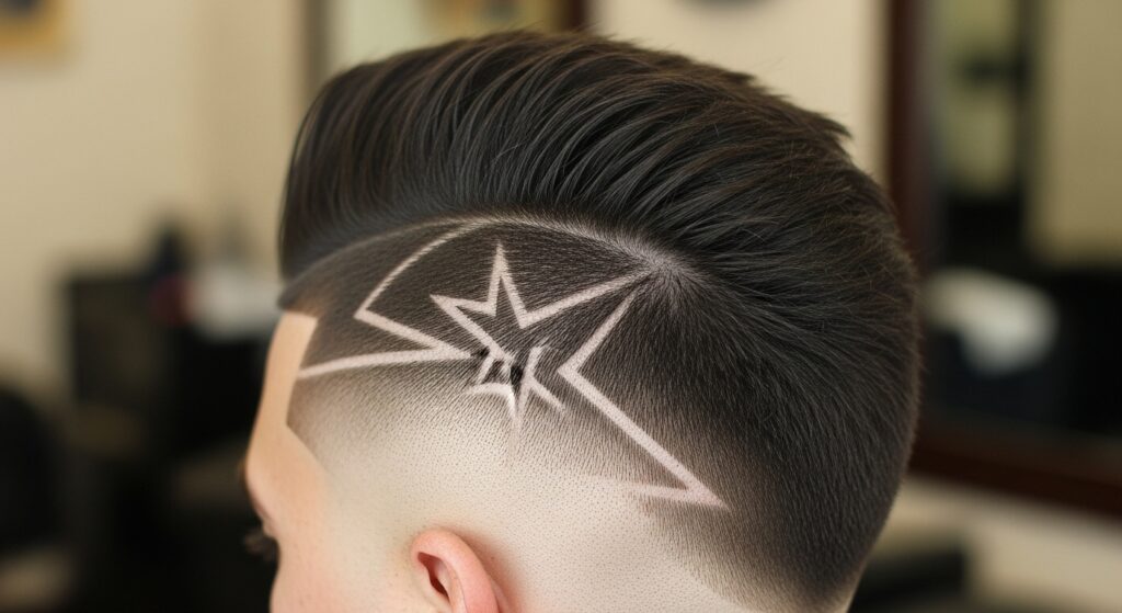 faux hawk back view with design haircut.
