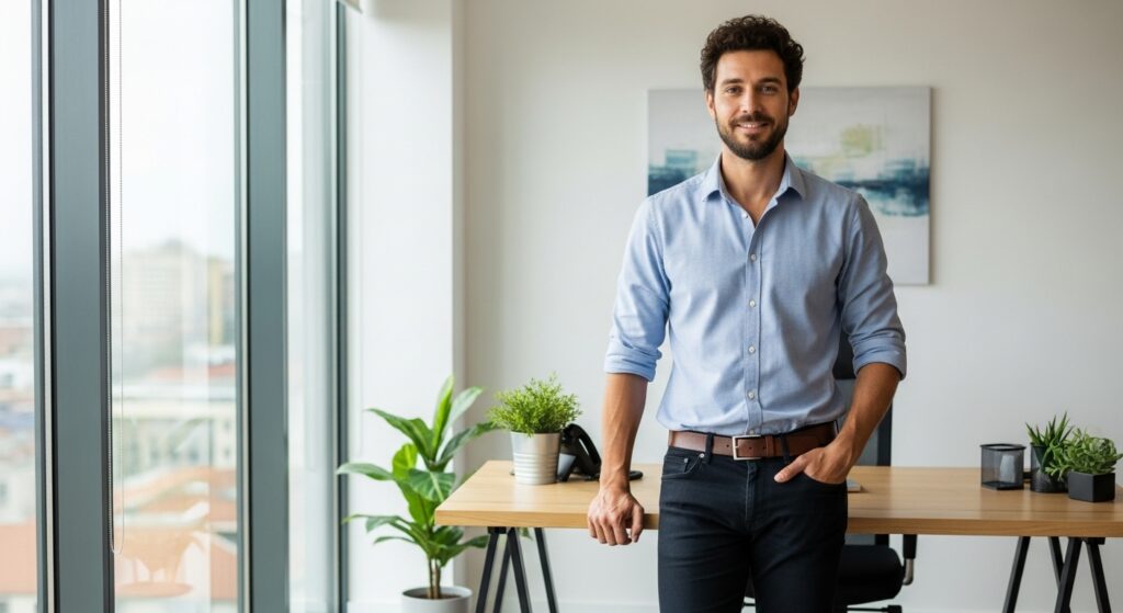 man with natural curly hair in casual workplace