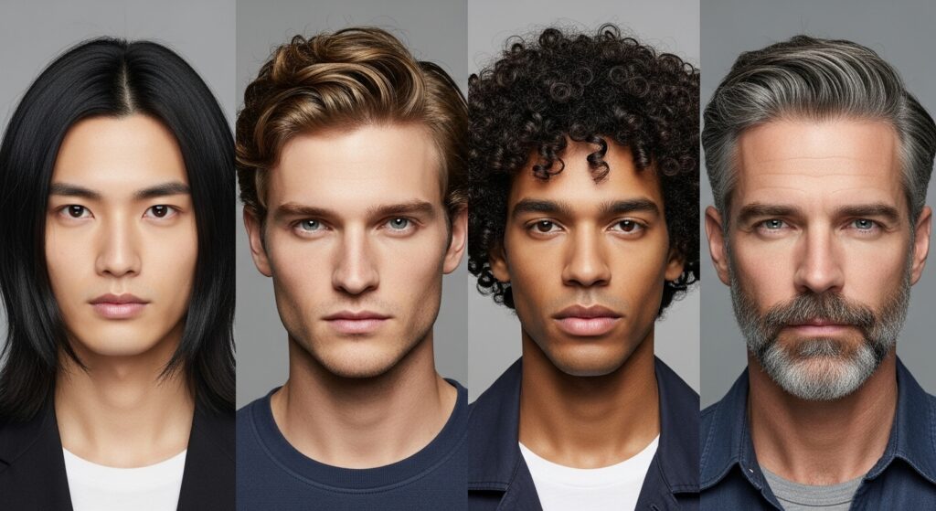 men with straight, wavy, thick, and curly middle part hairstyles