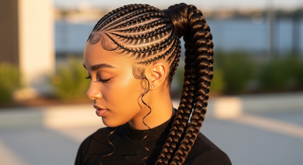 sleek braided ponytail style for Black girl"