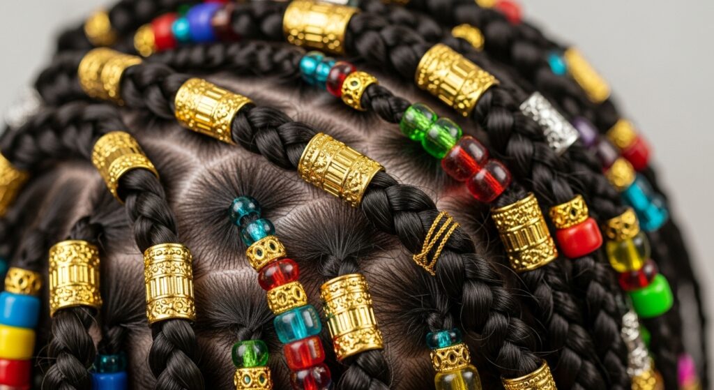 braided hairstyle with accessories and beads")