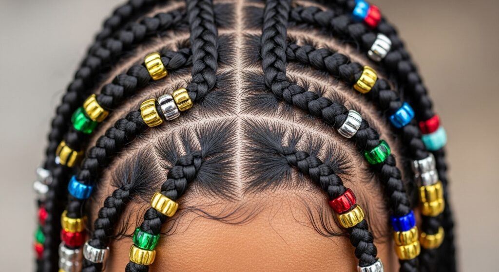 "classic cornrow braids on Black girl with beads")