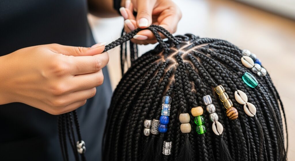 protective braided hairstyle being done on Black girl")