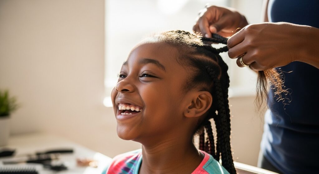 "Black girl enjoying hair braiding session")